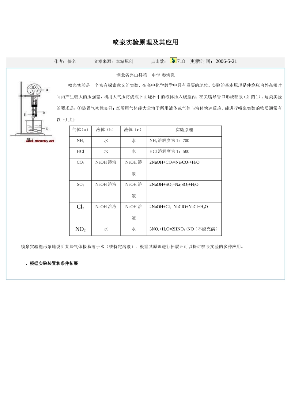 喷泉实验原理及其应用拓展_第1页