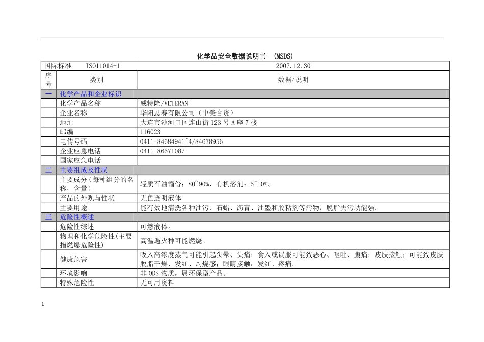 威第尔清洗剂安全技术数据表_第1页