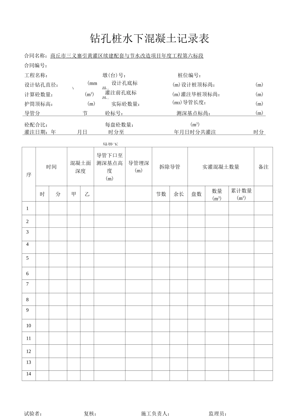 钻孔桩水下混凝土记录表_第1页