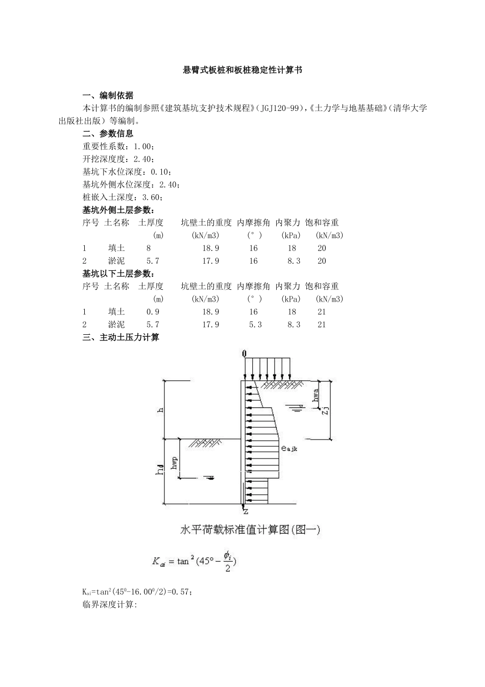 悬臂式板桩和板桩稳定性计算书_第1页