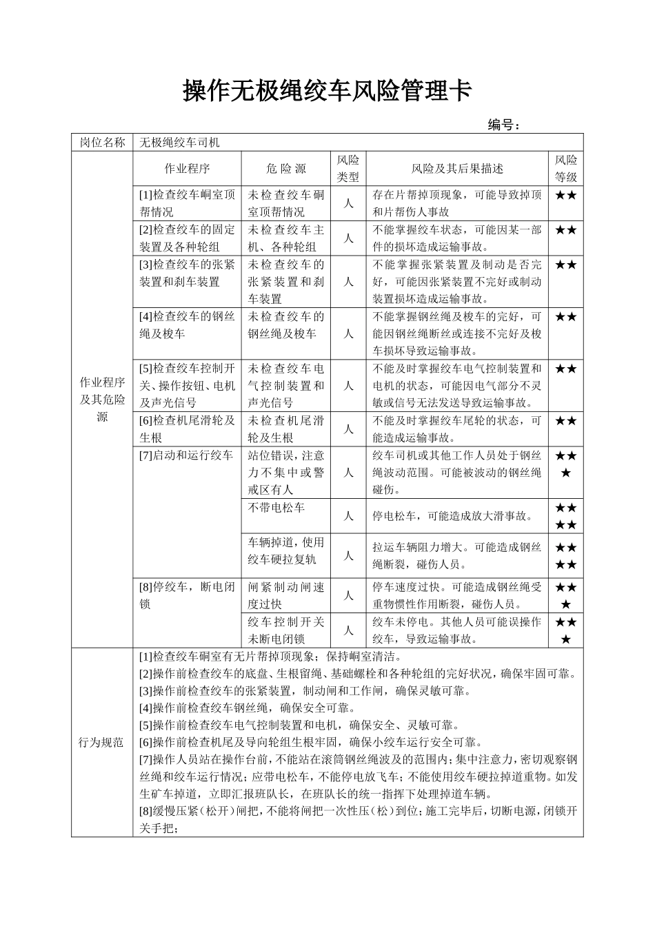 无极绳绞车风险预控卡_第1页