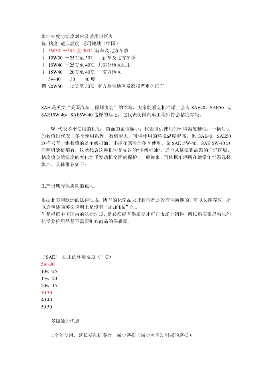 机油粘度与温度对应及适用地区表_第1页