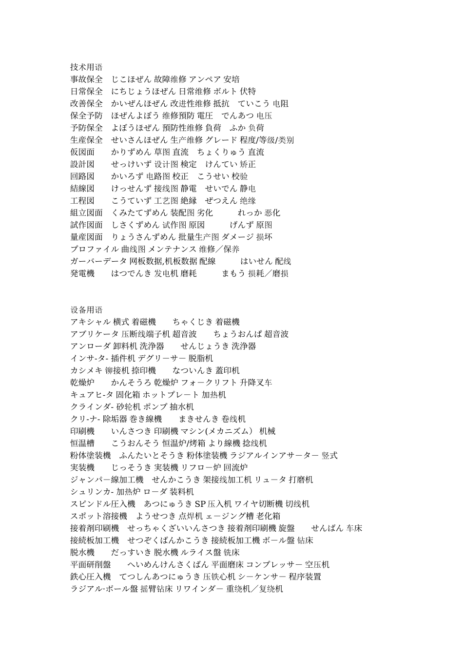 技术设备日语用语_第1页