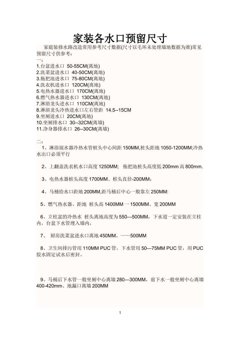 家装各水口预留尺寸_第1页