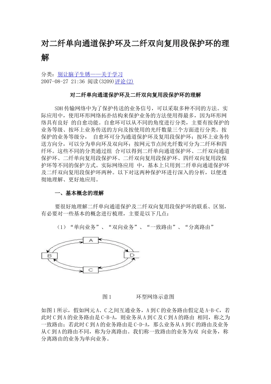 对二纤单向通道保护环及二纤双向复用段保护环的理解_第1页