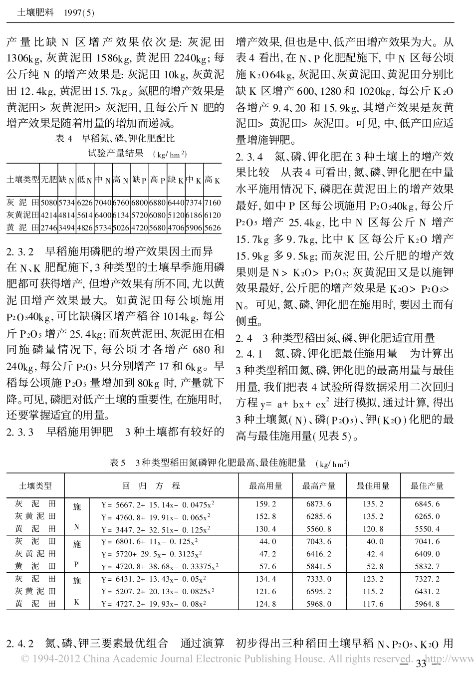 福建三种稻田土壤地力贡献率及氮磷钾适宜用量_第3页