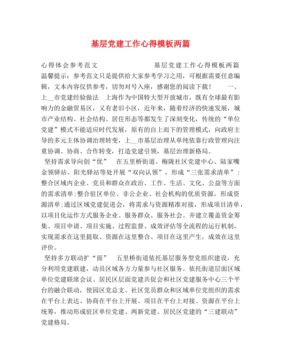 基层党建工作心得模板两篇 _第1页