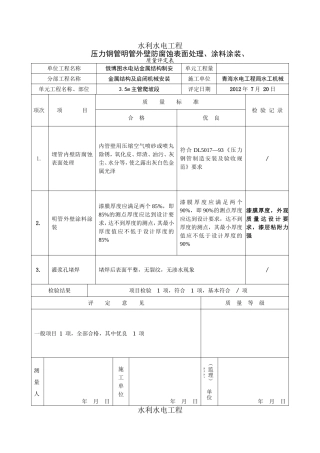 压力钢管埋管内壁防腐蚀表面处理、涂料涂装、灌浆孔堵焊质量评定表