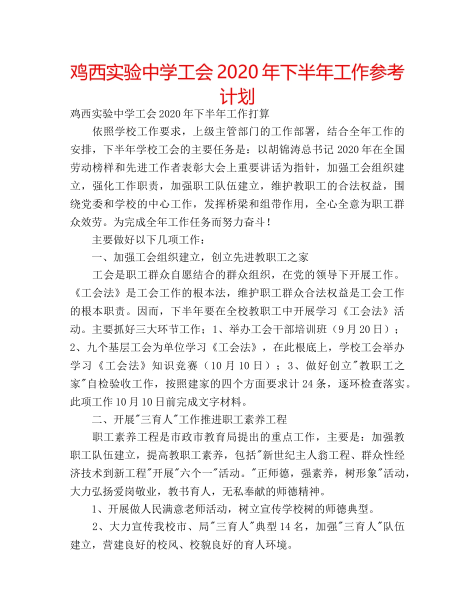 鸡西实验工会2020年下半年工作参考计划 _第1页