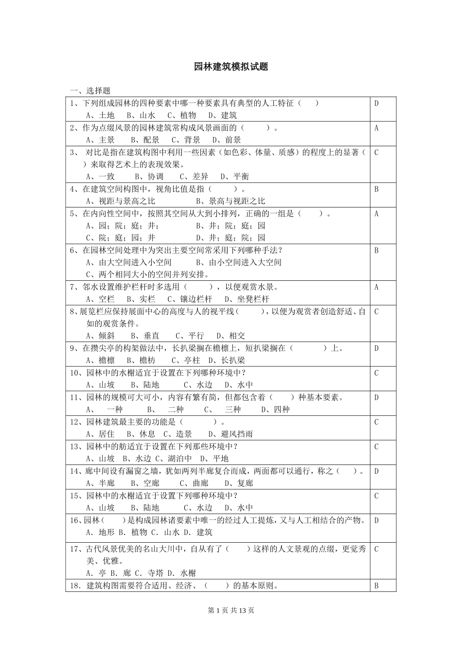 园林建筑模拟试题_第1页