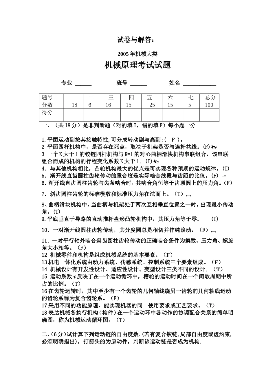 试卷与解答 机械原理_第1页