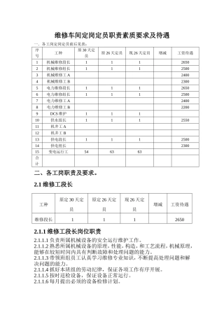 维修车间定岗定员职责素质要求及待遇