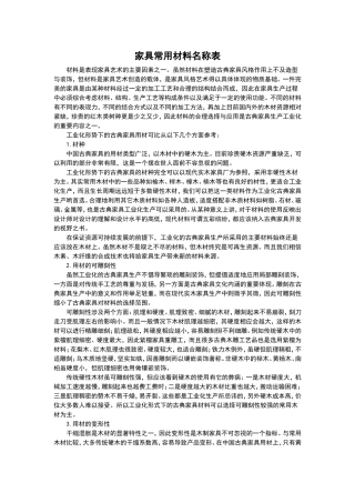 家具常用材料名称表