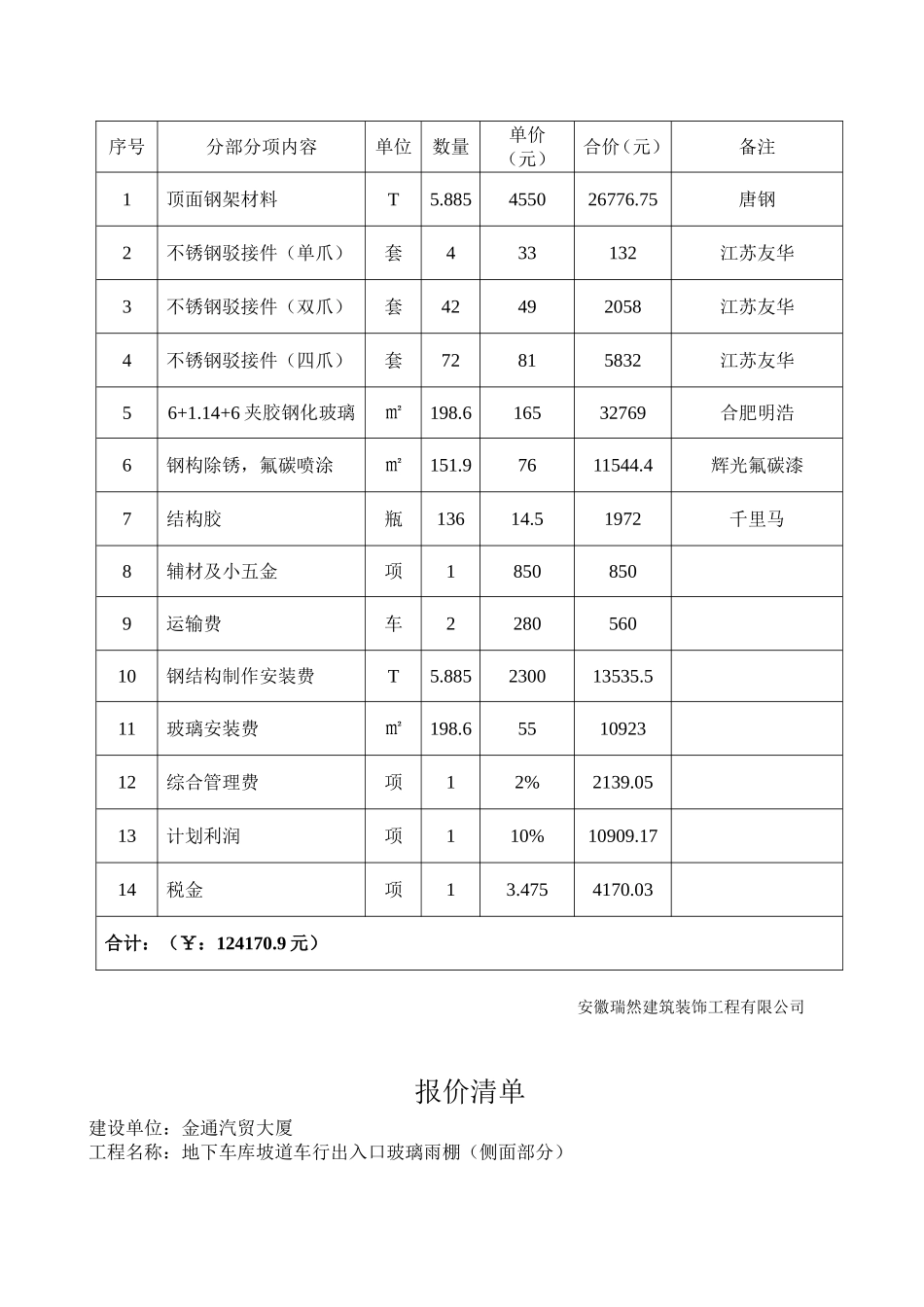 金通大厦地下车库雨棚报价单_第3页