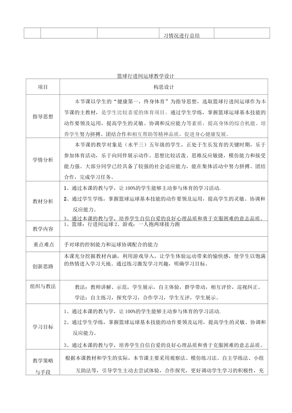 小学五年级体育《篮球行进间运球》教学设计_第3页
