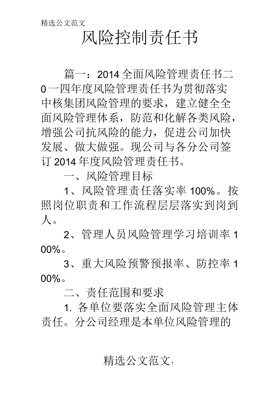 风险控制责任书_第1页