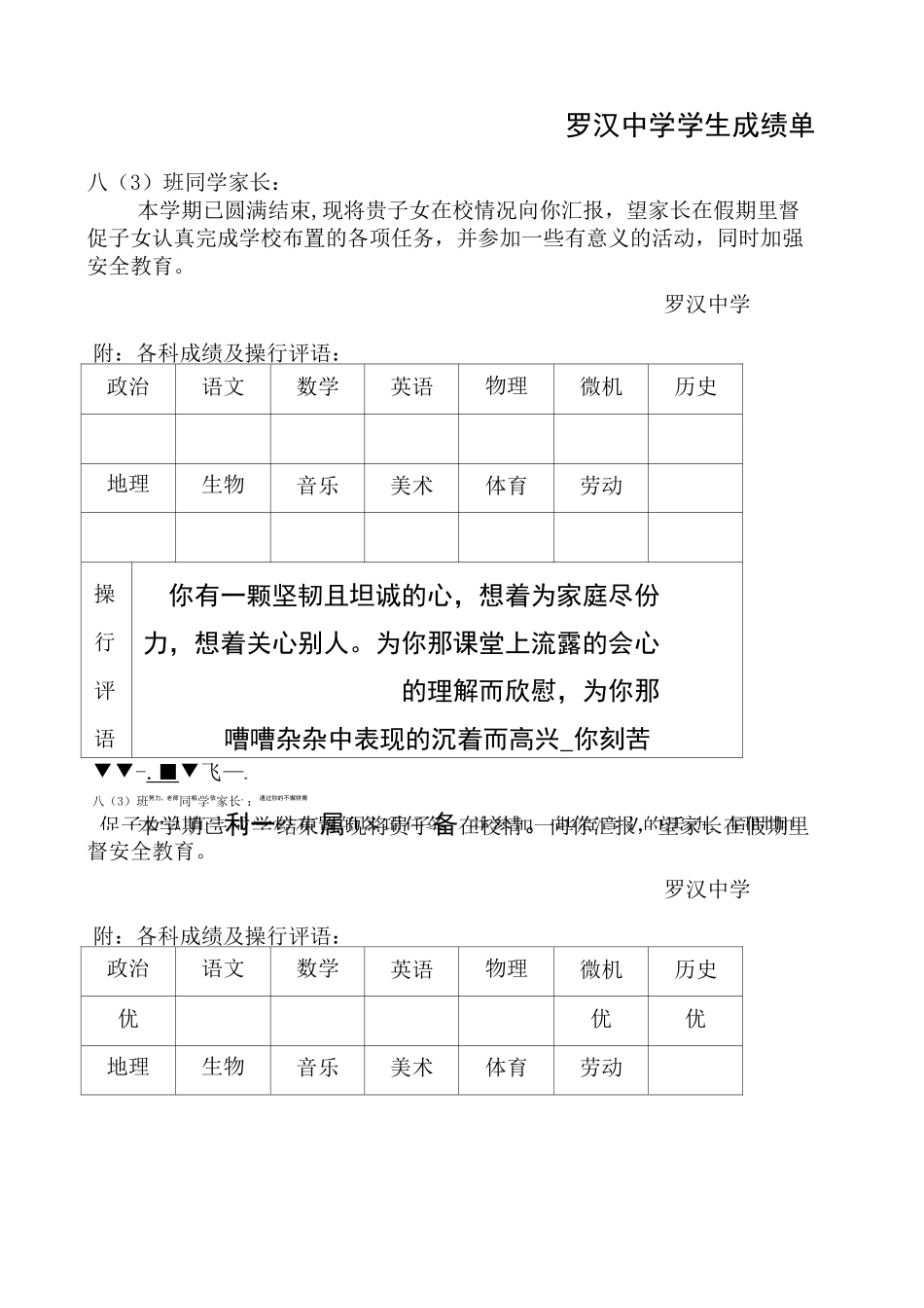初中学生成绩报告单模板 _第1页