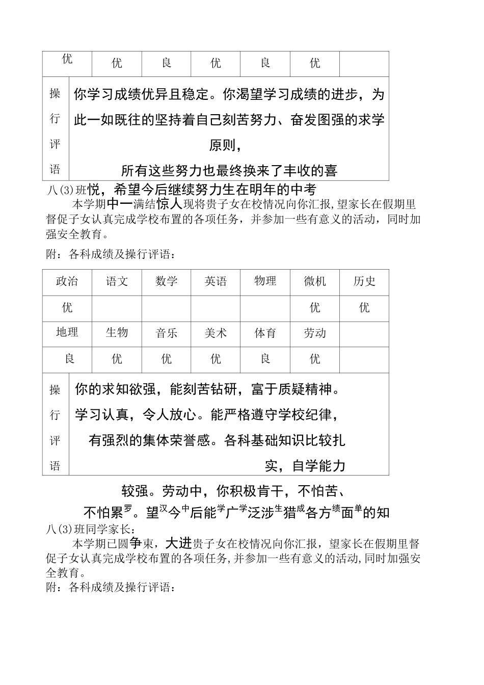 初中学生成绩报告单模板 _第2页