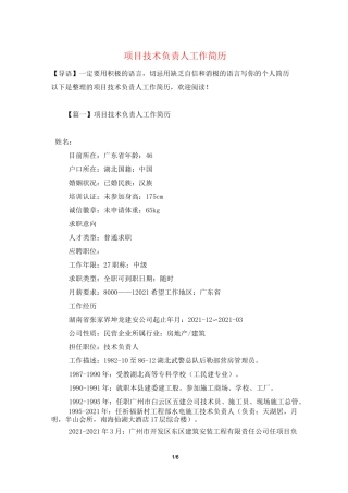 项目技术负责人工作简历