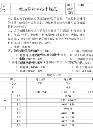 铸造材料技术规范