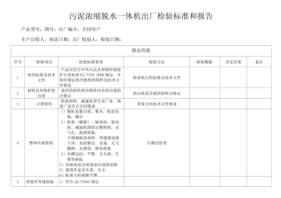 ★污泥浓缩脱水一体机出厂检验标准和报告_第1页