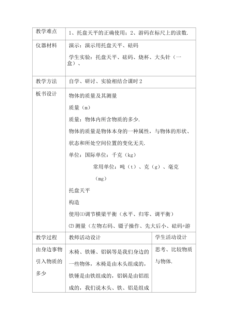 物体的质量及其测量教案_第2页