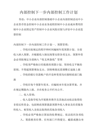 内部控制下一步内部控制工作计划