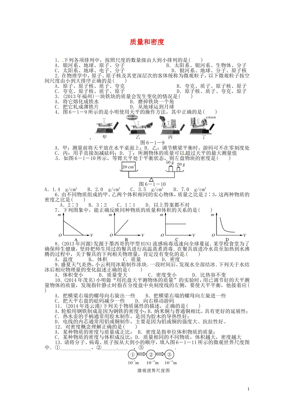 2015届中考物理专题训练质量和密度（含12-14年试题）_第1页