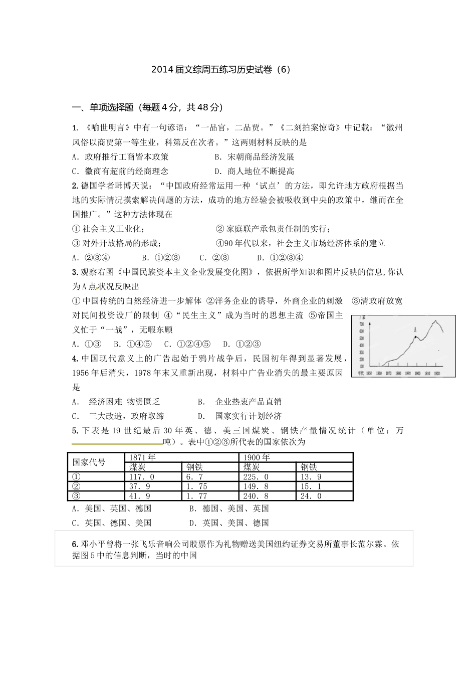 仁怀一中2014届文综周五训练试题历史（6）_第1页