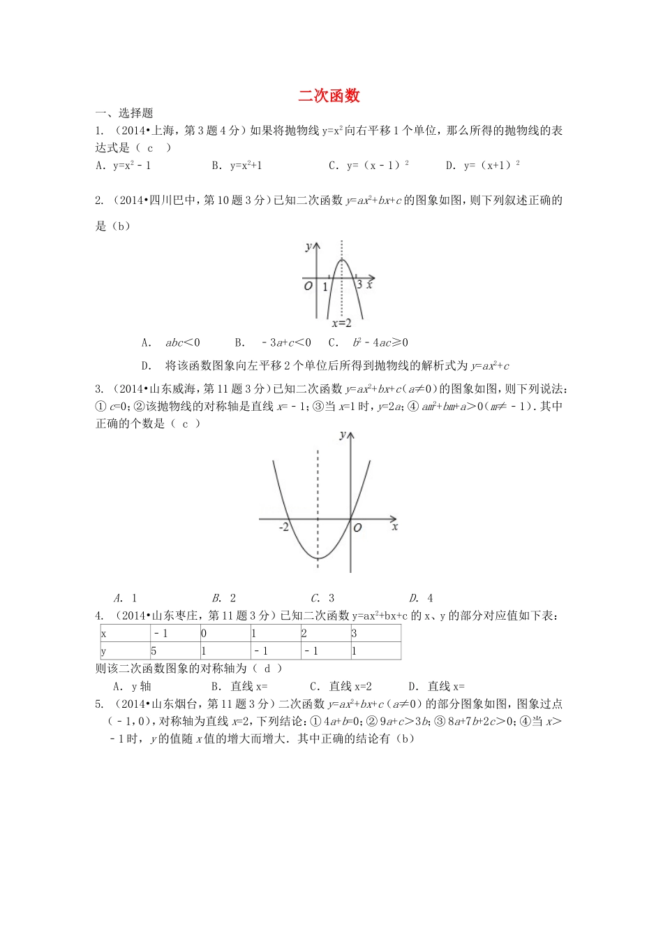 全国各地2014年中考数学试卷解析版分类汇编_二次函数专题_第1页