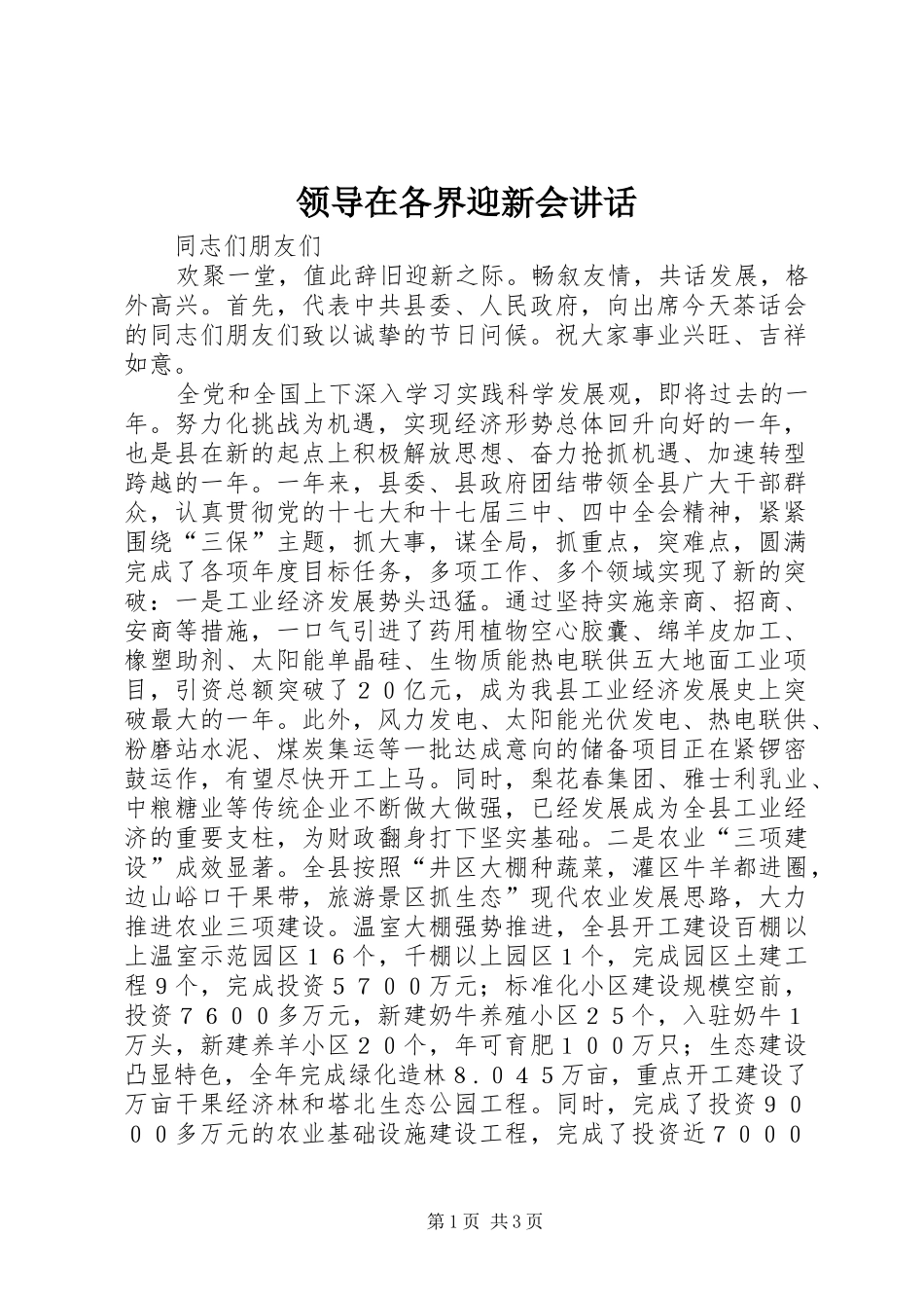 领导在各界迎新会讲话发言_第1页