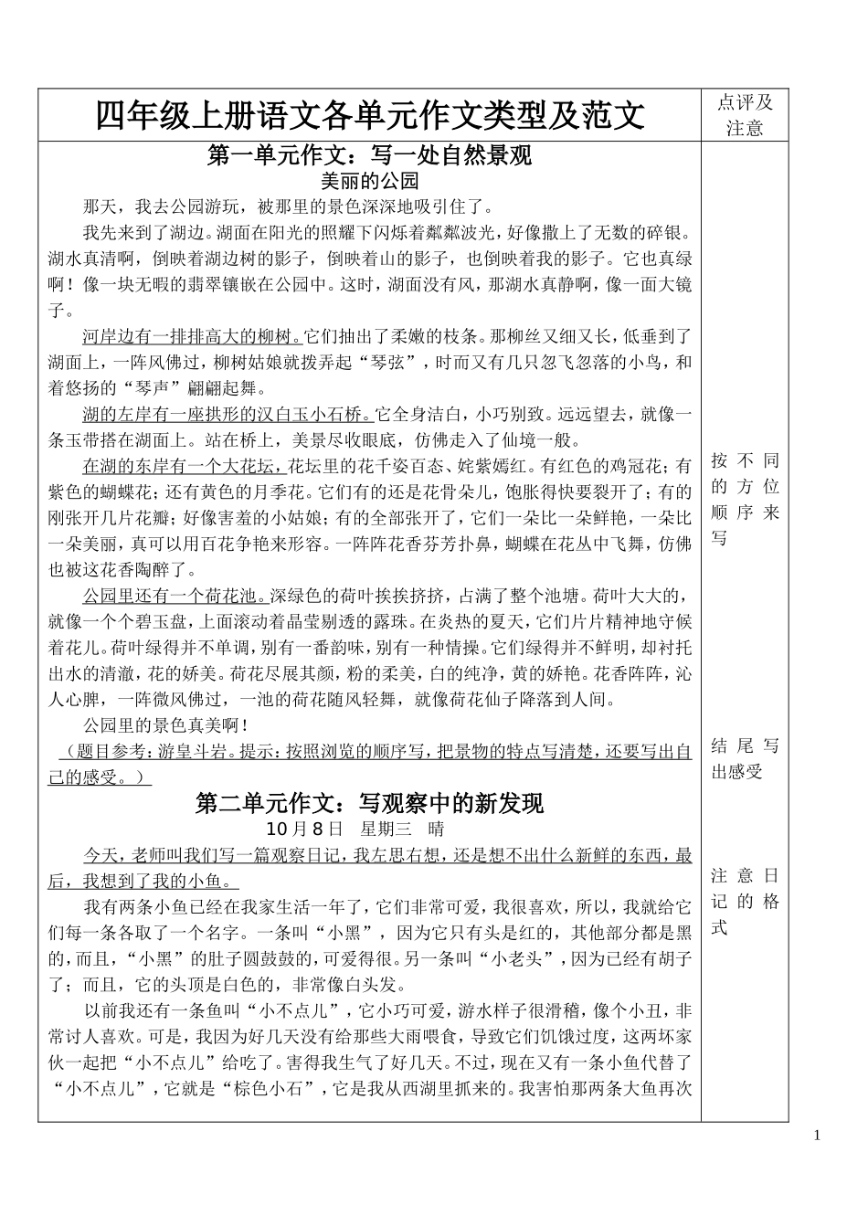 四年级上册语文各单元作文类型及范文_第1页