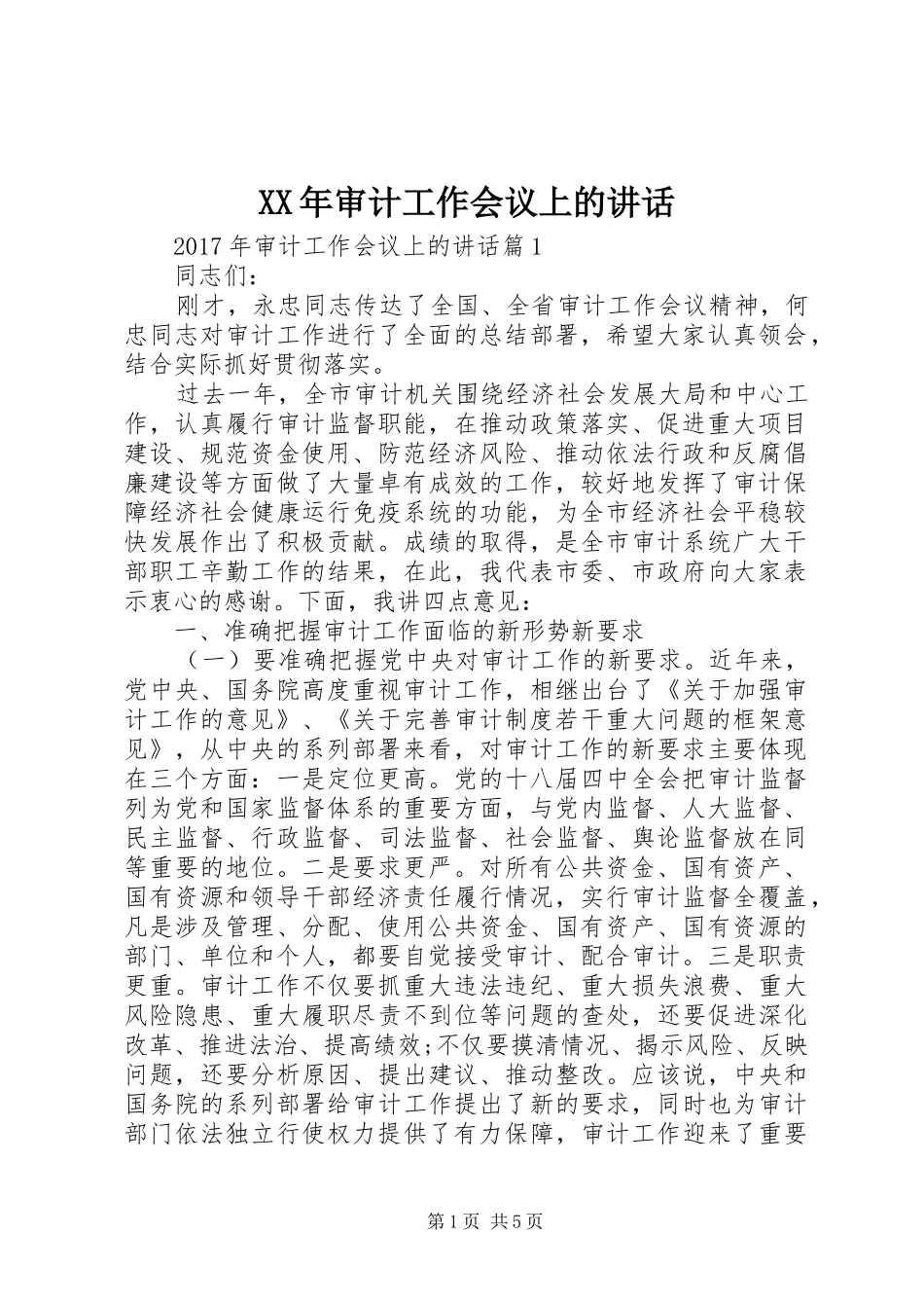 XX年审计工作会议上的讲话发言_第1页