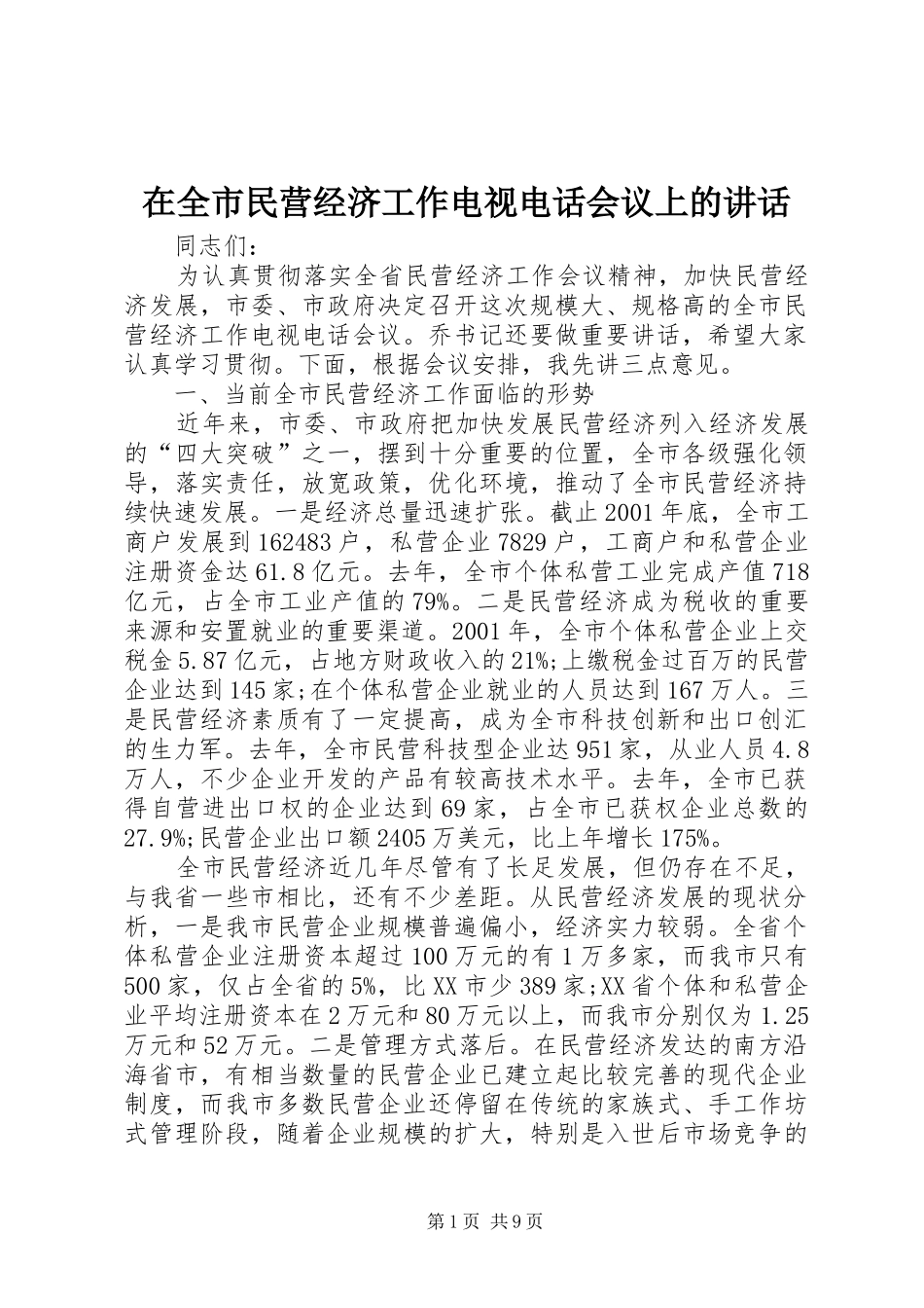 在全市民营经济工作电视电话会议上的讲话发言_第1页