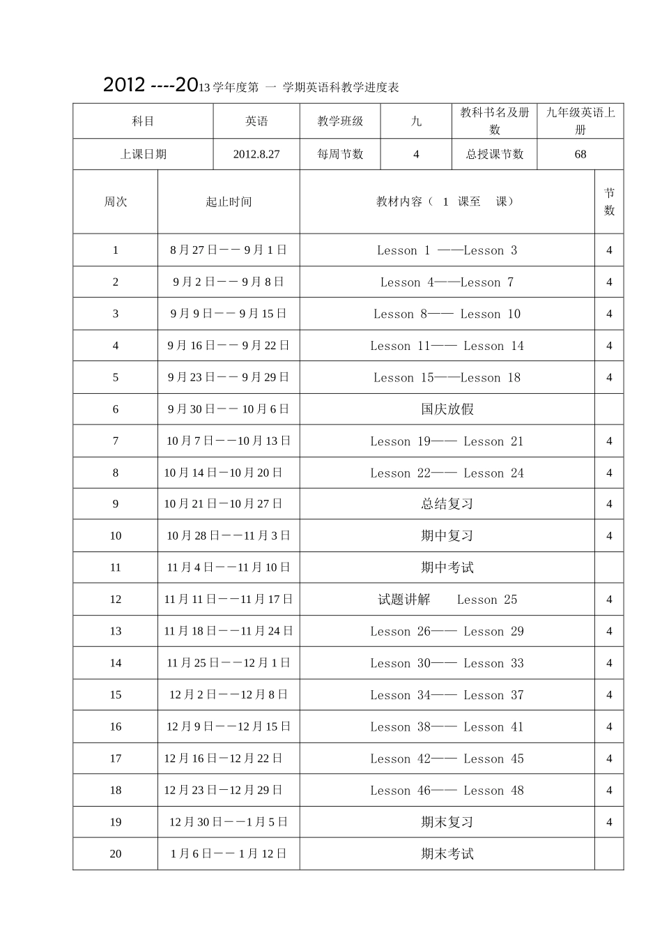 冀教版九年级英语上册教学进度表_第1页