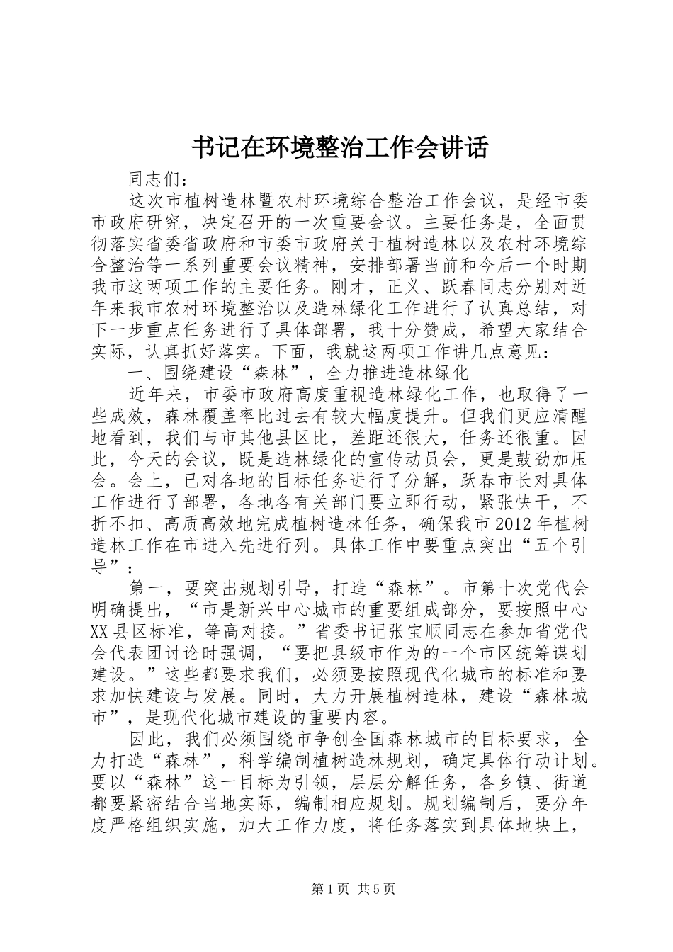 书记在环境整治工作会讲话发言_第1页