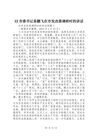 XX市委书记易鹏飞在市发改委调研时的讲话发言