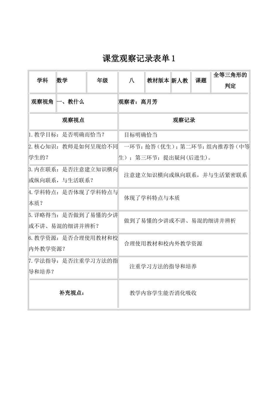 高月芳课堂观察记录表单_第1页