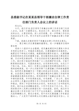 县委副书记在某某县领导干部廉洁自律工作责任部门负责人会议上的讲话发言