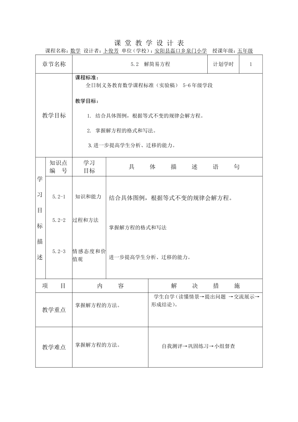 同课异构解简易方程（泉门小学卜俊芳）_第1页