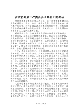 在政协九届三次委员会闭幕会上的讲话发言