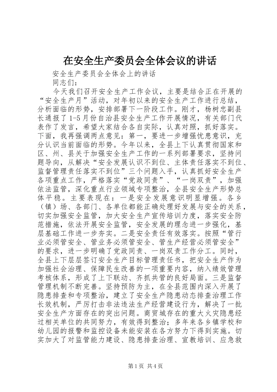 在安全生产委员会全体会议的讲话发言_1_第1页