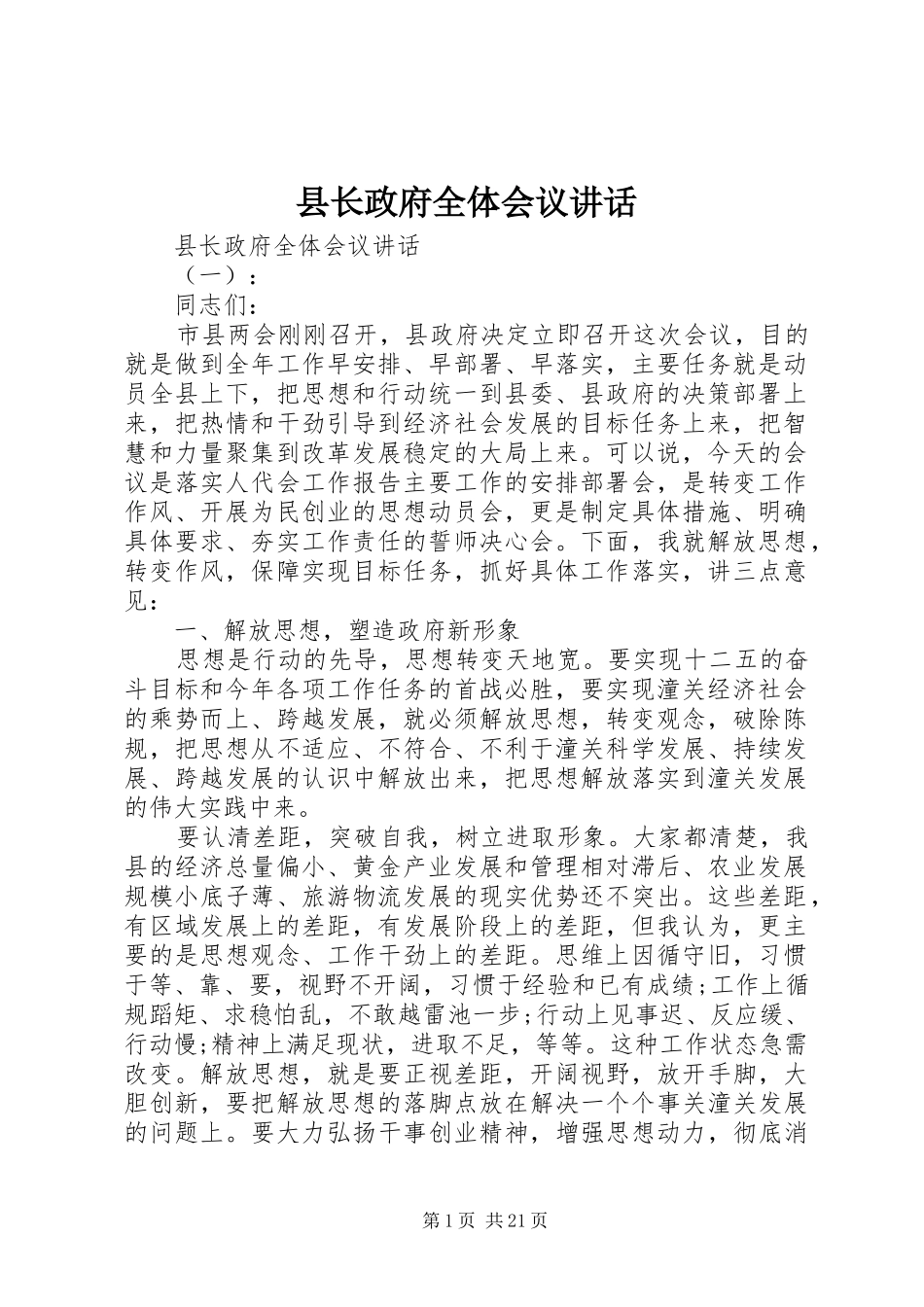 县长政府全体会议讲话发言_第1页