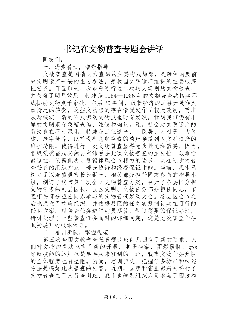书记在文物普查专题会讲话发言_第1页