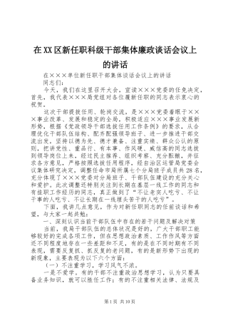 在XX区新任职科级干部集体廉政谈话会议上的讲话发言