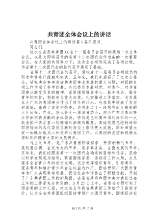 共青团全体会议上的讲话发言