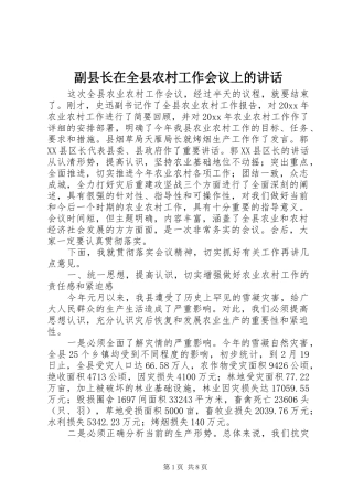 副县长在全县农村工作会议上的讲话发言