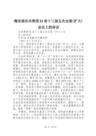 梅克保在共青团XX省十三届五次全委(扩大)会议上的讲话发言