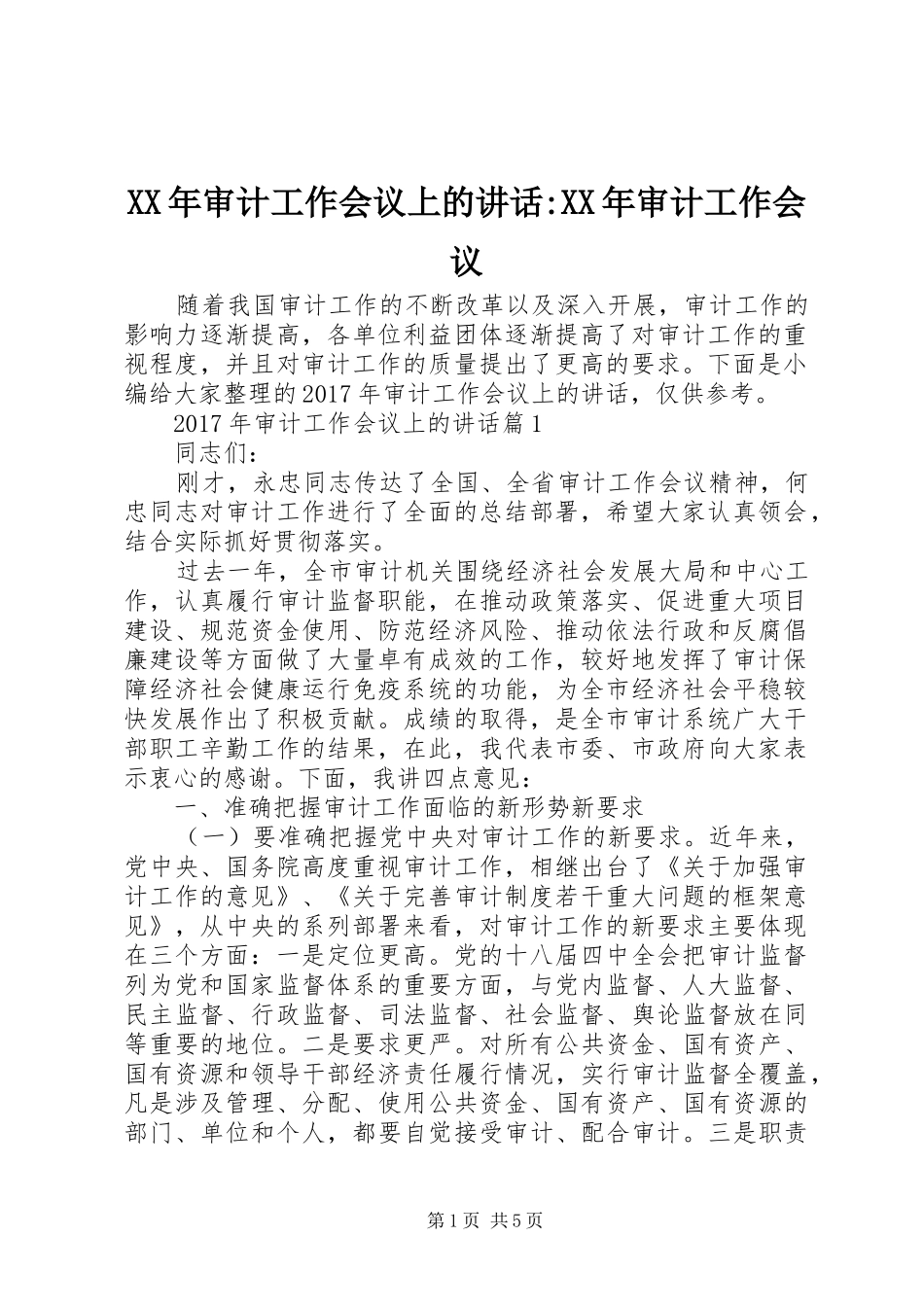XX年审计工作会议上的讲话发言-XX年审计工作会议_第1页