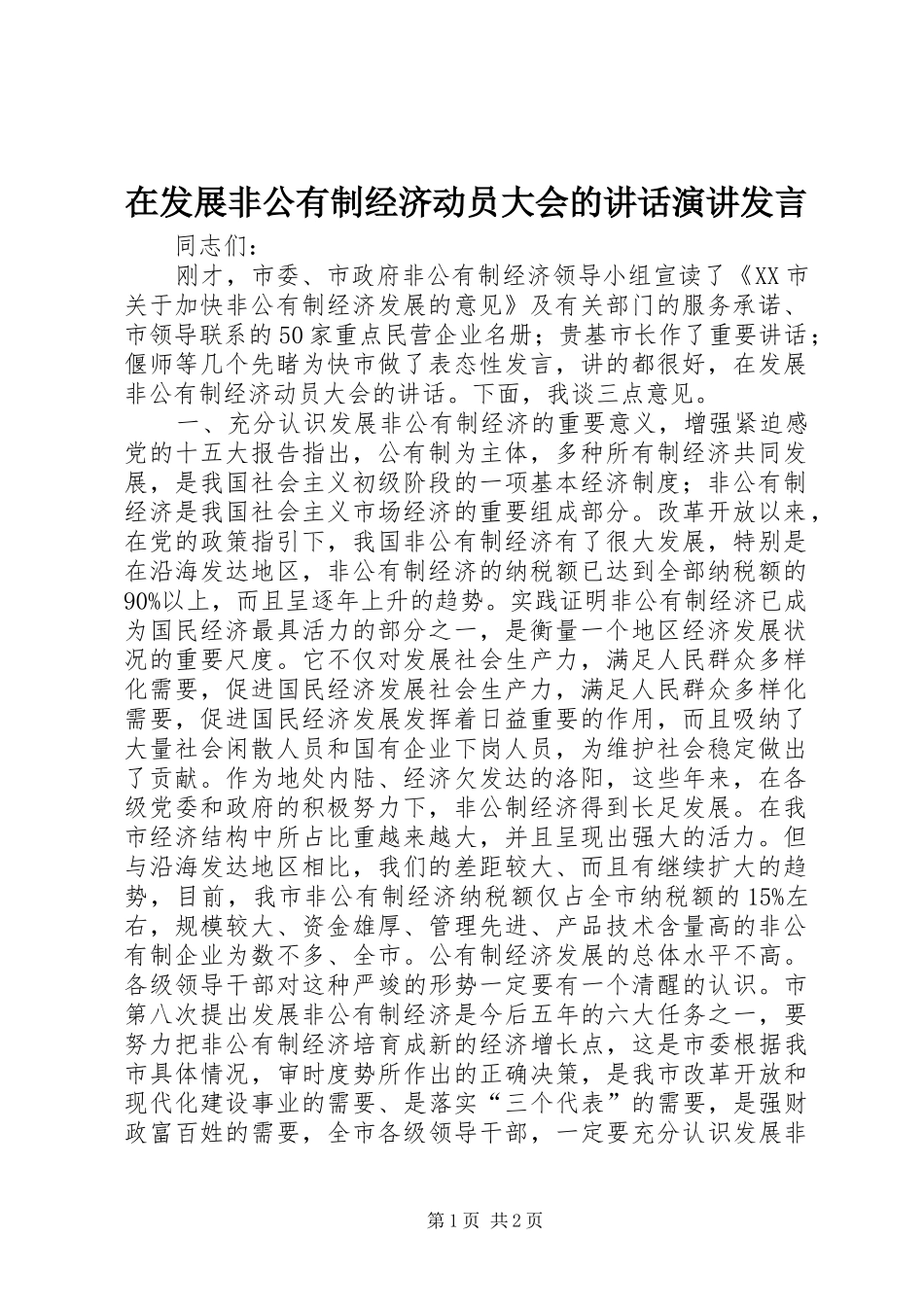 在发展非公有制经济动员大会的讲话发言演讲发言_第1页